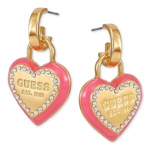 NEW! Guess Gold-Tone Pink Heart Drop Hoop Earrings